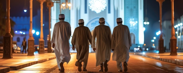 Homens da fé muçulmana caminhando em frente à mesquita à noite para orar