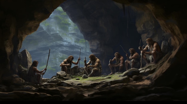 Homens da Idade da Pedra numa caverna