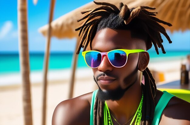 Foto homens de dreadlocks escuros hipster em óculos de néon relaxando na praia luz do dia