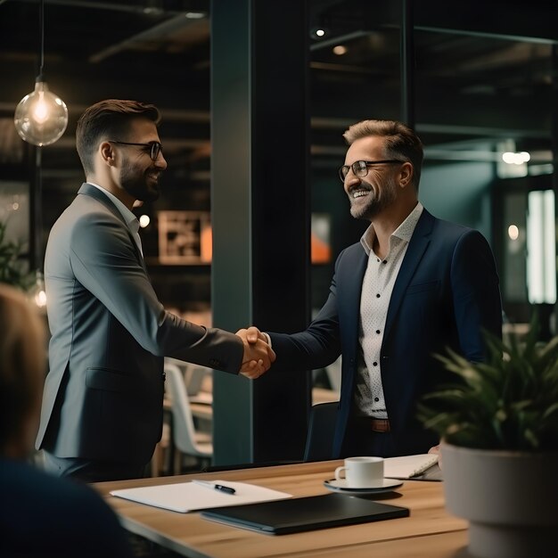 Foto homens de negócios felizes apertando a mão em reunião de qualidade premium