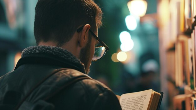 Foto homens de óculos lendo um livro filmado por trás do dia mundial do livro conceito de ia gerativa