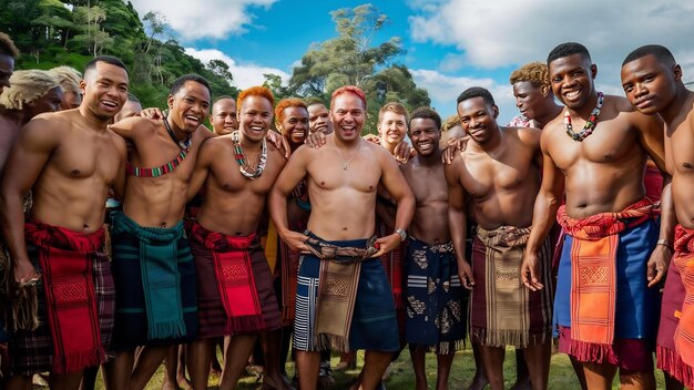 Foto homens de papua usando tecido tradicional