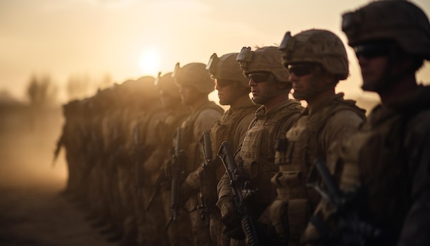 Homens de uniforme apontam rifles ao pôr do sol gerados por ia