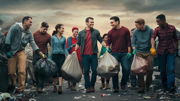 Foto homens e mulheres ajudam-se uns aos outros a recolher o lixo.