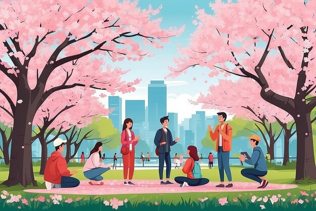 Homens e mulheres bonitos e felizes vendo flores de cerejeira no parque da cidade pessoas sorrindo vendo sakur em flor