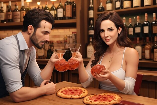 Homens e mulheres comem uma deliciosa pizza de pepperoni acompanhada de um copo de uísque com gelo