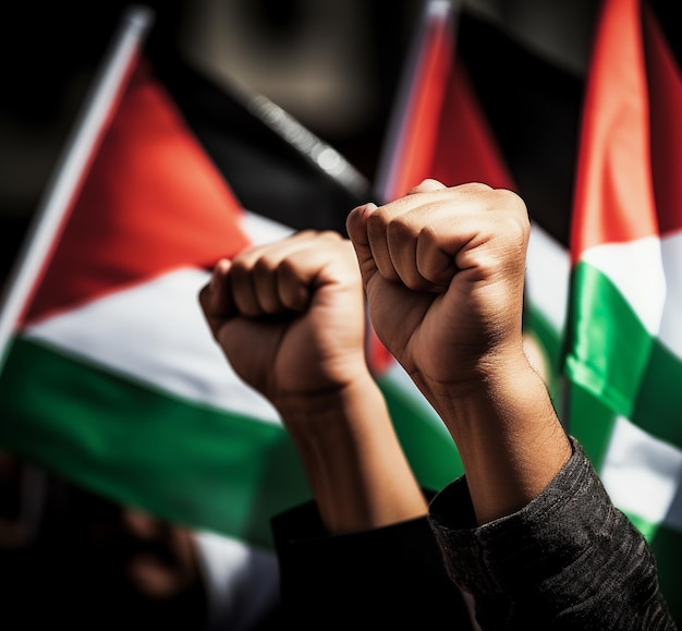 Foto homens e mulheres da palestina marcham na rua pedindo a paz