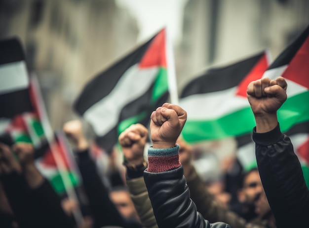 Homens e mulheres da Palestina marcham na rua pedindo a paz