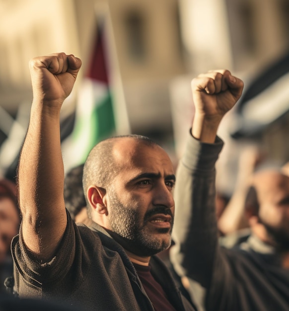 Foto homens e mulheres da palestina marcham na rua pedindo a paz