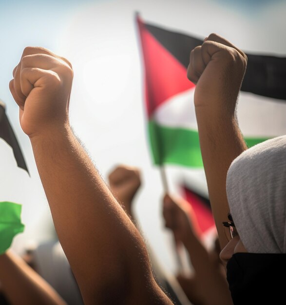 Homens e mulheres da Palestina marcham na rua pedindo a paz