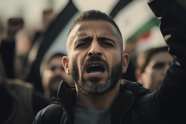 Foto homens e mulheres da palestina marcham na rua pedindo a paz