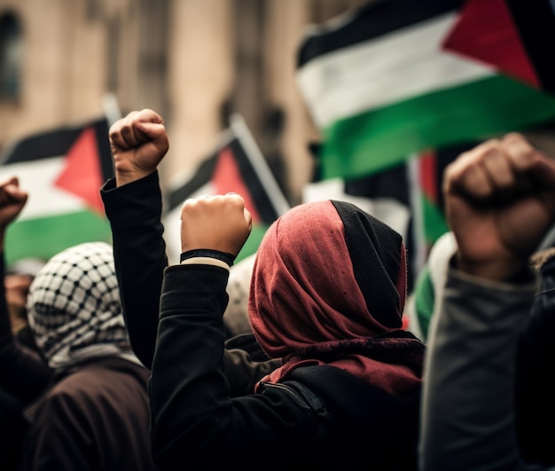 Homens e mulheres da Palestina marcham na rua pedindo a paz