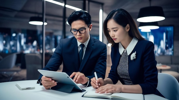 Homens e mulheres de negócios trabalhando em tablets no escritório