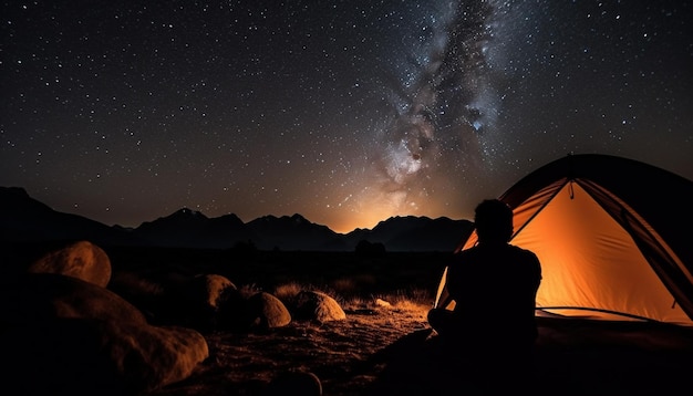 Homens e mulheres sentam-se olhando as estrelas na natureza gerada pela IA