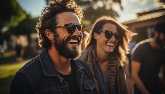 Homens e mulheres sorridente desfrutam de diversão de verão sem preocupações gerada pela IA