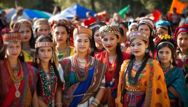 Homens e mulheres sorridentes em desfile de roupas tradicionais gerados por IA