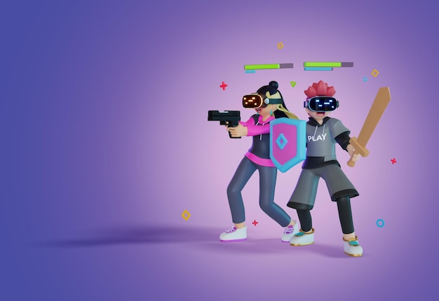 Homens e mulheres usam VR estão jogando o jogo no metaverso segurando armas espadas armas e escudos retrato 3D Render ilustração