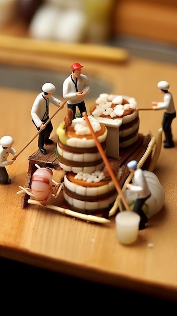 Homens em miniatura criando rolos de sushi elaborados