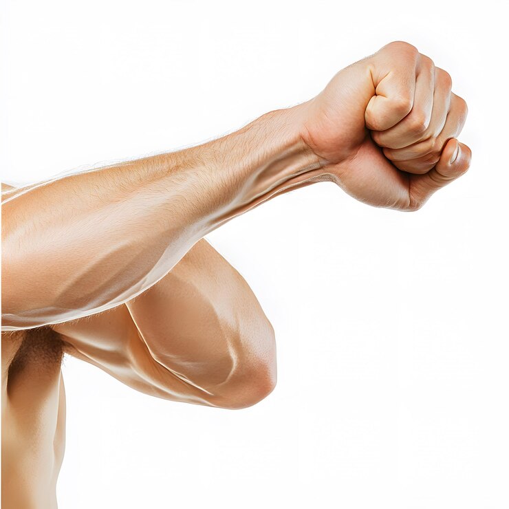 homens flexionando o braço e o bíceps com fundo branco