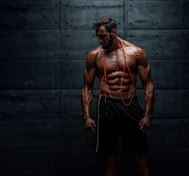 Homens fortes e musculosos posando com pular corda