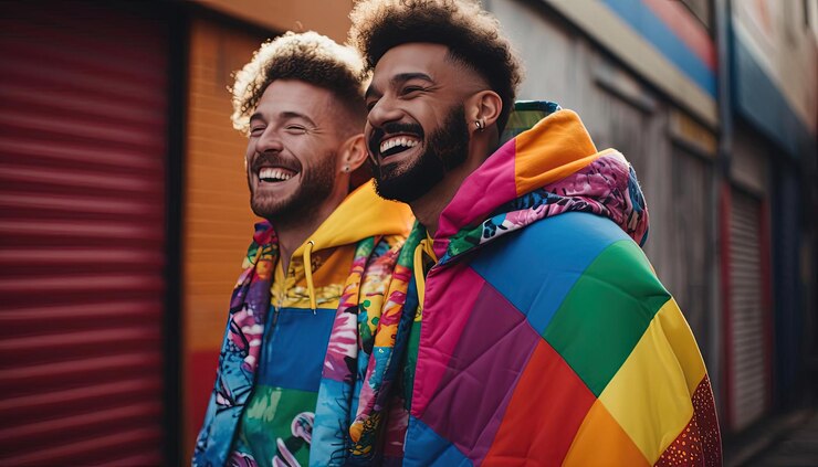 Foto homens gays posam juntos com bandeiras arco-íris no estilo de colchas com padrões ousados