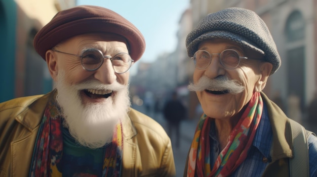 Homens idosos felizes de boné estão parados na rua