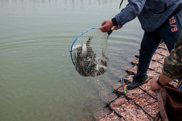 Homens jogam peixes no lago. preparação para o torneio de pesca esportiva no lago