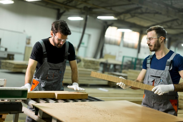 Homens jovens, trabalhando, em, madeira, oficina