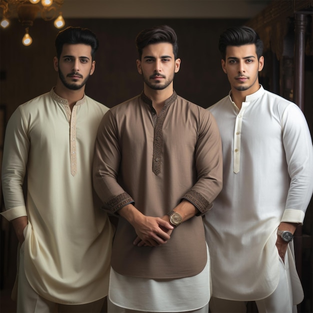 Homens jovens vestindo estilo de vida da moda shalwar Kameez kurta