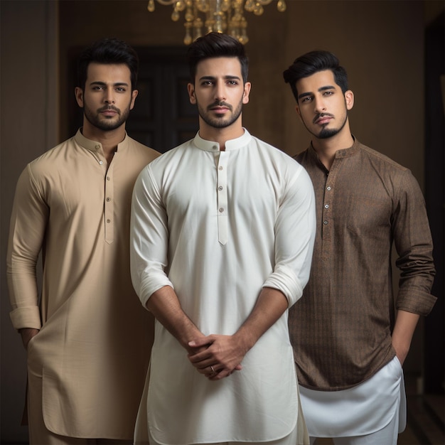 Homens jovens vestindo estilo de vida da moda shalwar Kameez kurta