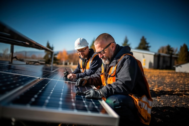 Foto homens maduros positivos a instalar painéis solares na central eléctrica