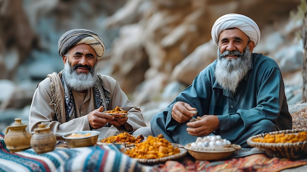 Homens muçulmanos alegres compartilhando a refeição Iftar durante o Ramadão