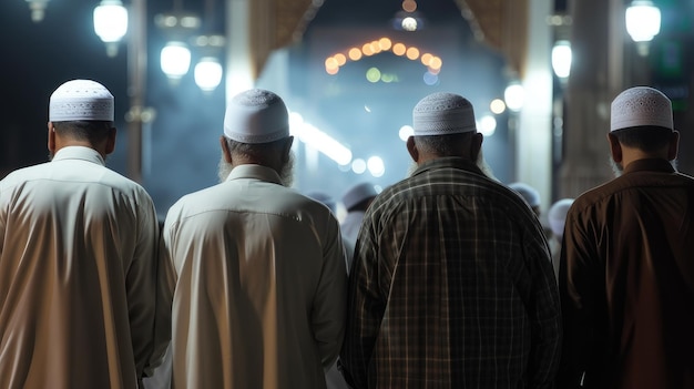 Foto homens muçulmanos devotos entrando na mesquita para orar à noite