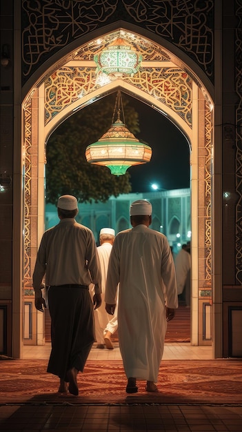 Homens muçulmanos entrando na mesquita para a oração da noite