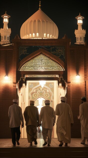 Foto homens muçulmanos entrando na mesquita para a oração da noite