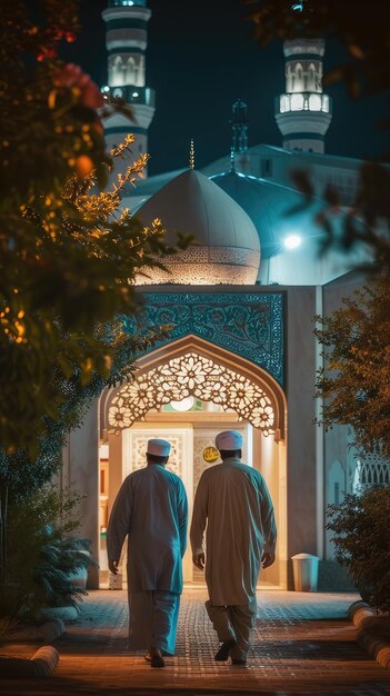 Foto homens muçulmanos entrando na mesquita para a oração da noite