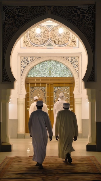 Foto homens muçulmanos entrando na mesquita para a oração da noite