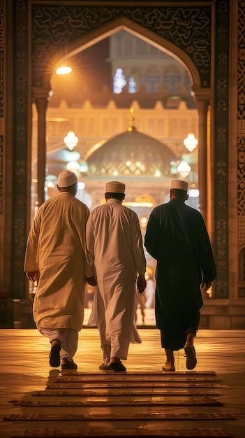 Foto homens muçulmanos entrando na mesquita para a oração da noite