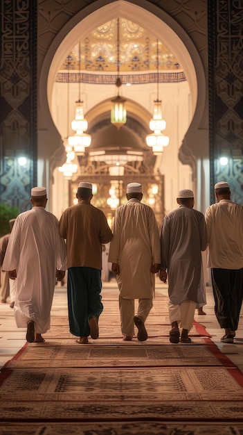 Homens muçulmanos entrando na mesquita para a oração da noite