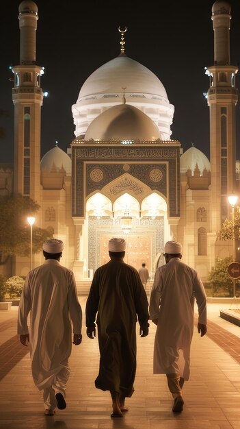 Foto homens muçulmanos entrando na mesquita para a oração da noite