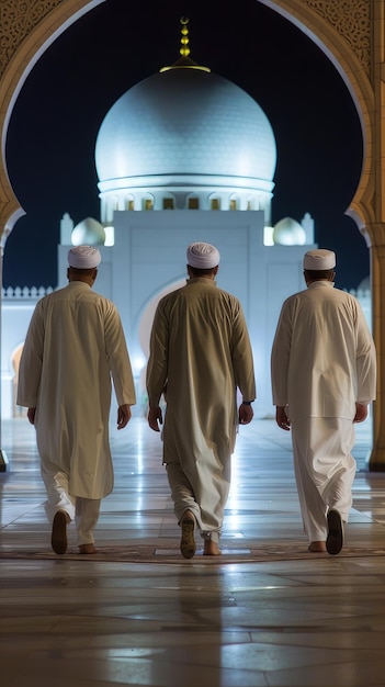 Homens muçulmanos entrando na mesquita para a oração da noite