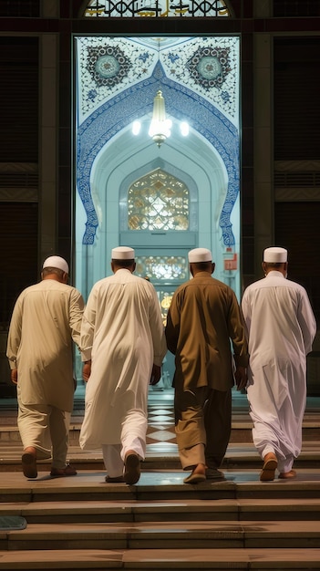 Homens muçulmanos entrando na mesquita para a oração da noite