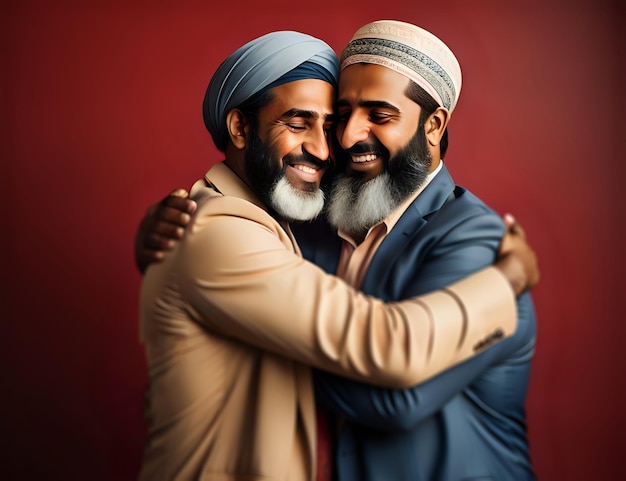 Homens muçulmanos se abraçando no dia do Eid Um abraço sincero entre dois homens muçulmanos Eid Mubarak Ramadan Kareem