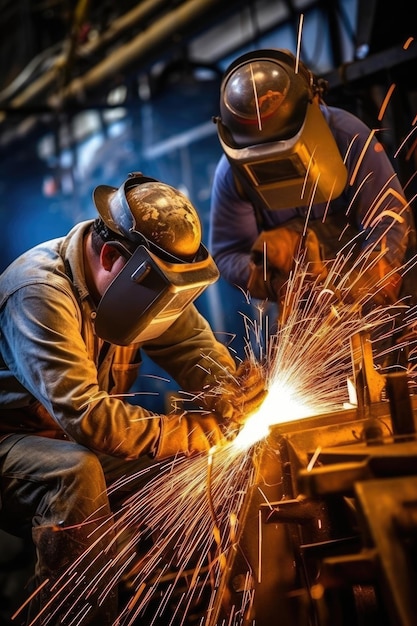 Homens qualificados soldam aço na fábrica usando máscaras de segurança Generative AI