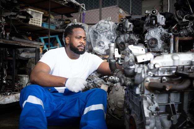 Homens que reparam motores de automóveis em oficinas de reparação de automóveis Foco seletivo