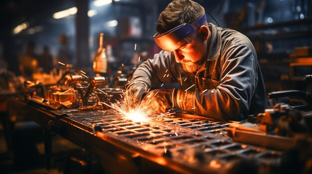 Homens que trabalham em uma fábrica de aço soldando metal com proteção