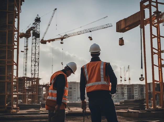 Foto homens que trabalham no canteiro de obras com guindastes em construção