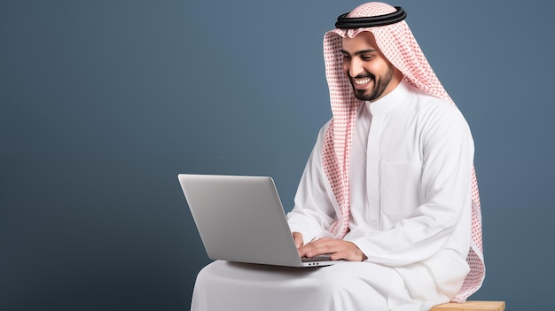 Foto homens sauditas sites usando laptop em fundo isolado