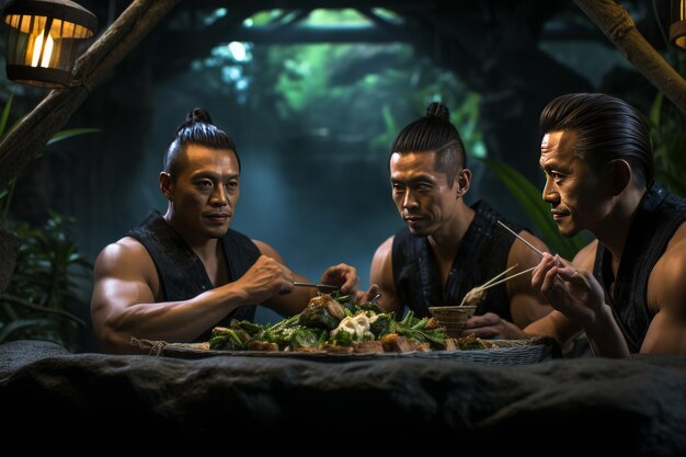 Foto homens sentados à mesa comendo comida