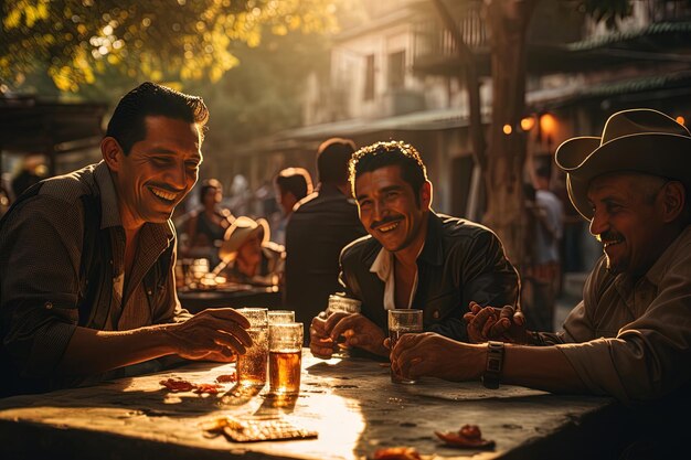 homens sentados em uma mesa com cerveja e copos de cerveja no fundo